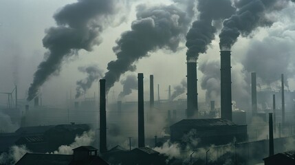 Smokestack 1900s industry 1.0 Thick smoke from air pollution from industrial factory chimneys that use coal as fuel.