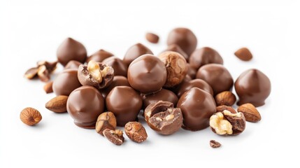 chocolate-covered nuts Isolated on white background. sweet delicious desserts concept for designer
