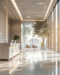 Fototapeta premium Modern, bright office lobby with large windows, sleek design, and natural light, featuring plants and a reception desk.