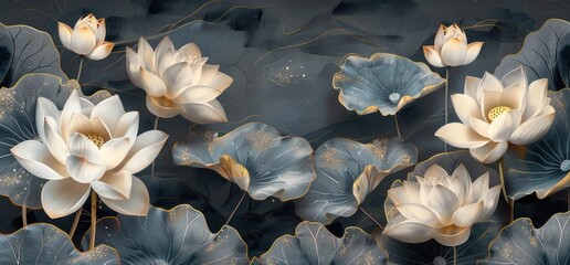 3D luxury wallpaper design with lotus flowers on a black granite background and golden line art