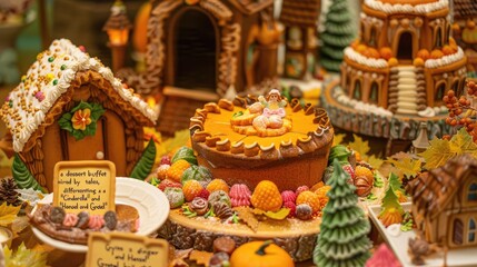 Fototapeta premium Festive Display of Gingerbread Houses and Pumpkin Pie
