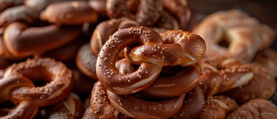 Obraz premium Pretzels stacked high in a tantalizing array make for a savory and visually appealing background