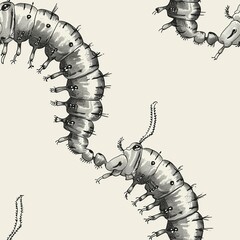 Obraz premium Detailed line work of a caterpillar, highlighting its segmented body, prolegs, and distinct head capsule. Minimal pattern banner wallpaper, simple background, Seamless,