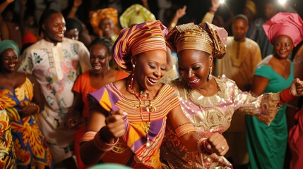 A vibrant Nigerian wedding features the couple in bright attire, with joyous guests dancing and celebrating.