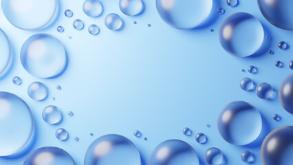水色背景に複数の透明な丸いガラス。俯瞰。コピースペース。3D（横長）