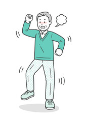 高齢男性が怒って拳を振り上げ地団駄を踏んでいるイラスト