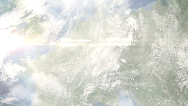 Earth zoom in from space and focus on R&uuml;sselsheim, Germany. 3D style Animation. Satellite view. Background for travel intro, blog. Images from NASA.