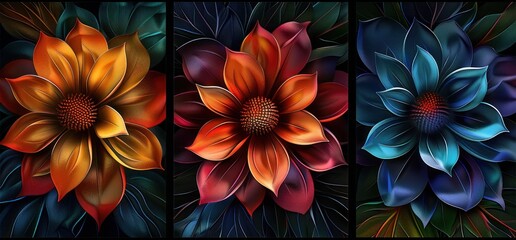 Fototapeta premium 3D render of colorful abstract flowers in a triptych design on a dark background, a detailed botanical illustration for wall decoration