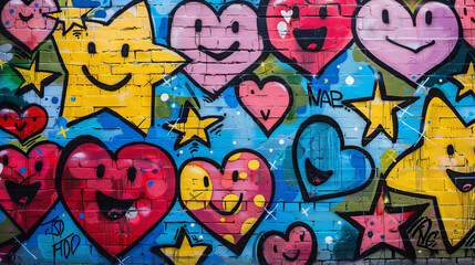 Colorful Graffiti Artwork Featuring Hearts and Stars on Brick Wall