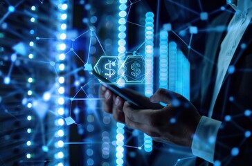 businessman multitasks with a smartphone and virtual money icon, symbolizing online business innovation, against a server room backdrop