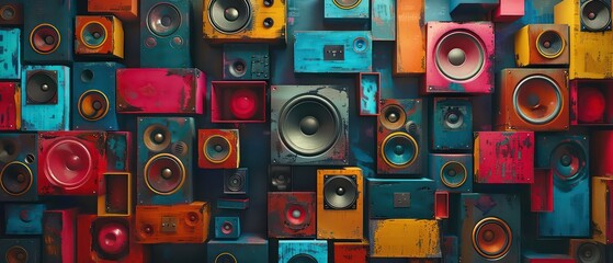 music speakers wall  in different sizes and colors