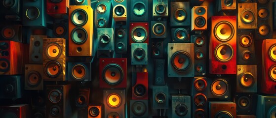 music speakers wall  in different sizes and colors