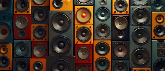 music speakers wall  in different sizes and colors