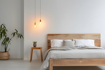 A minimalist bedroom with a wooden bed frame, soft grey bedding ai generative