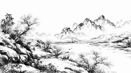 traditional ink painting featuring mountains and rivers illustration poster background