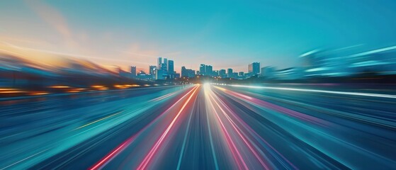 wide futuristic road going through a tunnel, futuristic city skyline