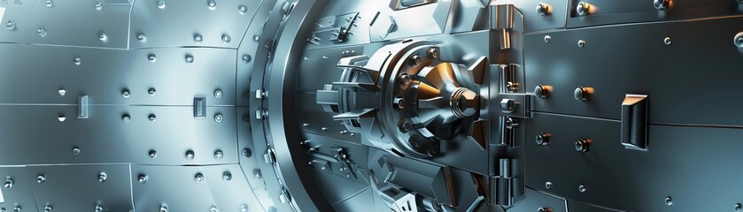 Fototapeta premium Highsecurity vault with advanced locking mechanisms, asset protection, side view, emphasizing impenetrable safety, futuristic tone, Tetradic color scheme