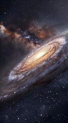 Fototapeta premium A breathtaking panorama of a distant galaxy, with its spiral arms stretching across the vastness of space, bathed in the light of distant stars, Generative AI