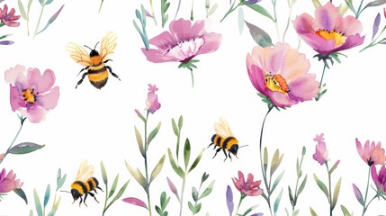 Cheerful bees buzzing around flowers, painted in watercolors seamless pattern