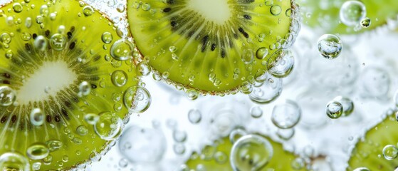 kiwi in soda bubbles on white background 