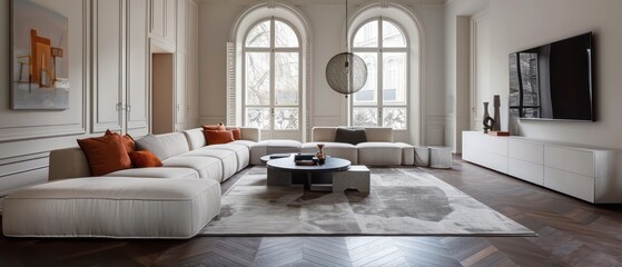 living room with arched floor to ceiling window