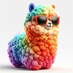Fluffy 3D image of rainbow colors alpaca with sunglasses, lateral view on a white background