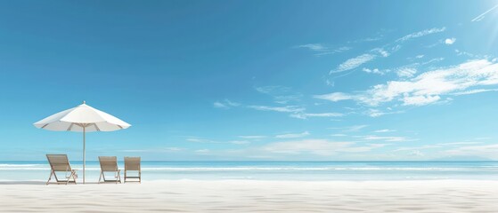 Obraz premium white sand beach in a sunny day, umbrella with wooden chairs