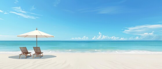 white sand beach in a sunny day, umbrella with wooden chairs