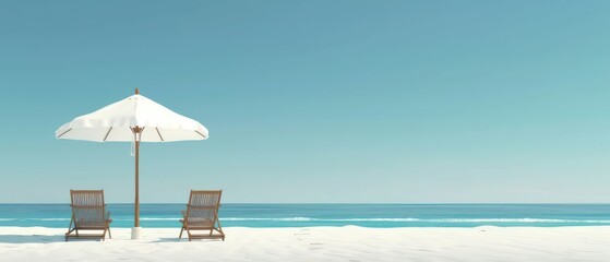 Obraz premium white sand beach in a sunny day, umbrella with wooden chairs