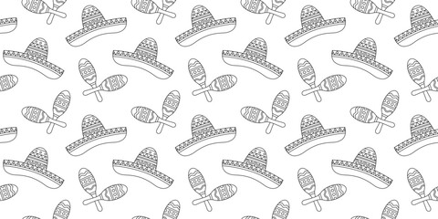 Maracas and sombrero hats line seamless pattern on white background. Mexican seamless pattern