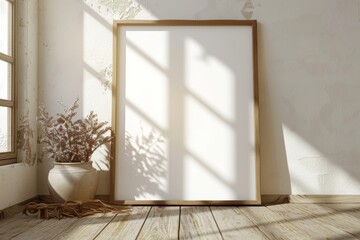 Poster frame mockup on wooden floor created with Generative AI