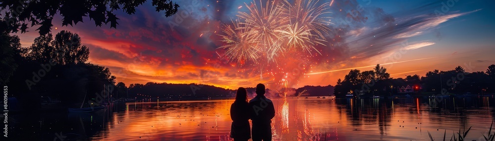 Wall mural A couple watching the fireworks by a lakeside ar 7 4