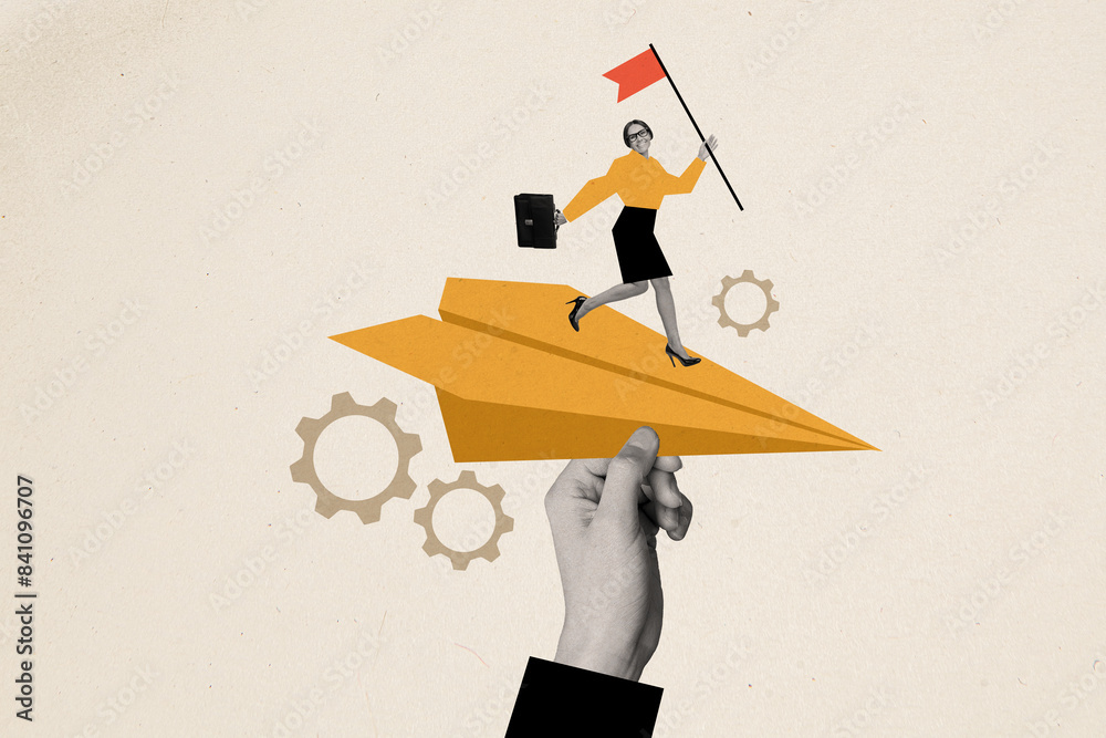 Aufkleber Composite collage image of hand hold paper plane message working process achieve dream billboard comics zine minimal