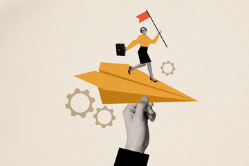 Composite collage image of hand hold paper plane message working process achieve dream billboard...