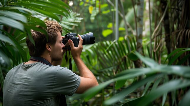 A man photographs wildlife in a dense jungle, meticulously focusing his camera on the untamed nature.
