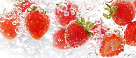 Strawberry in sparkling soda bubbles against a white background, showcasing freshness and vibrancy