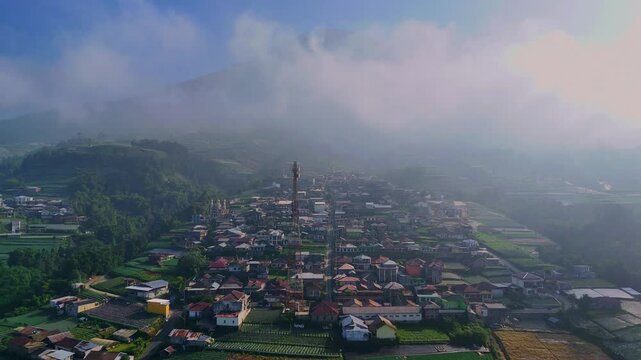 Aerial view of the village on the slopes of mount Sumbing indonesia