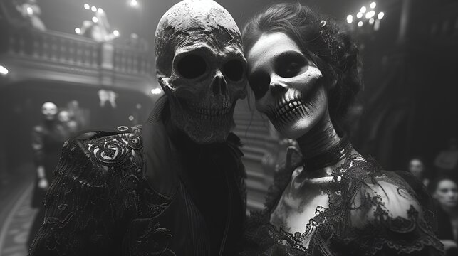 Fototapeta Monster’s Ball - Halloween costume party - spooky - scary - retro vibe - classical feel - black and white photo - retro style - skeleton - skull