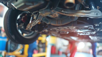Close-up view of car undercarriage in a mechanic workshop, with tools and equipment in the background, highlighting auto repair and maintenance.