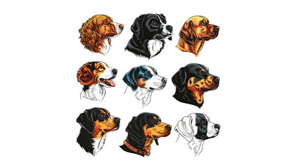 Close-up Set of various dog breeds faces, heads, on a transparent background, featuring a diverse mix of small, medium, and large dogs