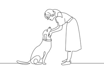 Woman with Dog Continuous One Line Drawing. Woman with Cute Dog Abstract Line Drawing Puppy Sitting Minimalist Illustration. Vector EPS 10.