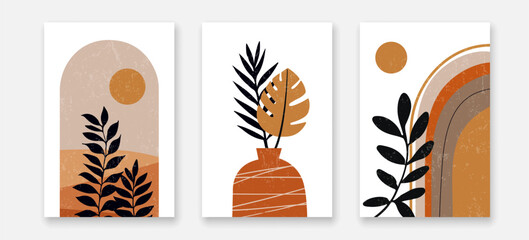 Boho Wall Art Prints Vector Set. Minimal Modern Drawing of Abstract Templates with Tropical Leaves. Contemporary Bohemian Design with Leaves, Rainbow for Wall Art, Posters, Home Decoration, Printable © Наталья Дьячкова