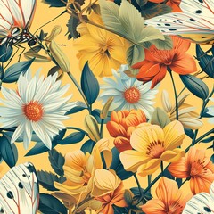Artistic depiction of a butterfly sipping nectar from a colorful blossom, its proboscis extended. Minimal pattern banner wallpaper, simple background, Seamless,