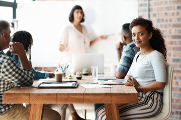 Portrait, confidence and woman at creative presentation, project management and planning in workshop. Smile, meeting room and designer at tech startup for growth, development or opportunity in office