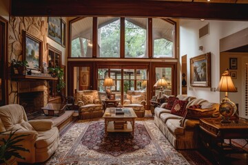 Fototapeta premium Spacious living room with high ceilings and large windows surrounded by lush trees, featuring plush sofas and rich, wooden accents creating a luxurious retreat
