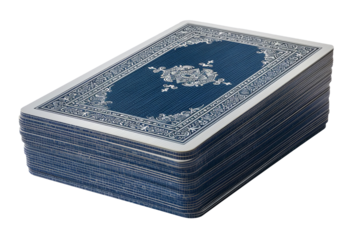 A neatly stacked deck of blue playing cards with intricate designs, perfect for game nights, magic tricks, or card games. Isolated on white.