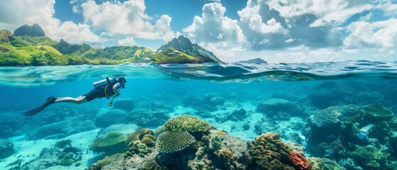 An adventurous diver is seen exploring the pristine waters and colorful coral formations of Okinawa, vividly depicted in this underwater scene using AI generative.