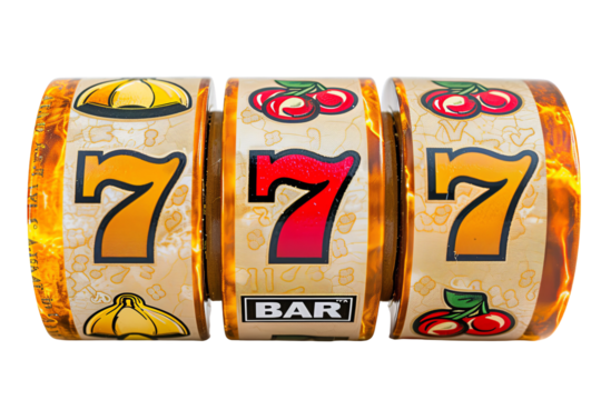 Close-up of a slot machine with winning numbers, featuring bright symbols and a golden background.