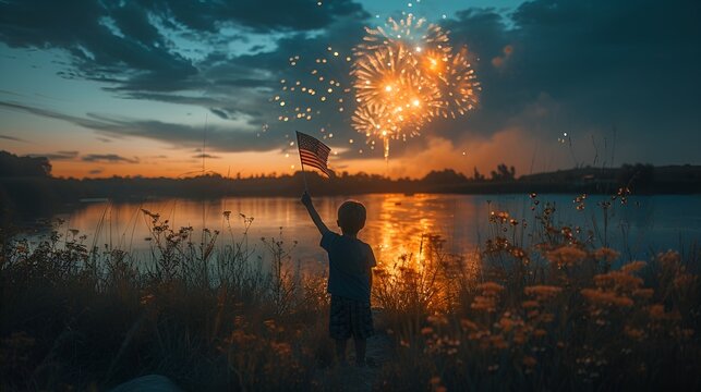 July 4th - Independence Day celebration - young boy waving an American flag while watching fireworks over a lake - natural light - patriotism 