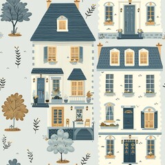 An adorable depiction of a dollhouse, complete with tiny windows, doors, and furniture, sparking imaginative play in children. Minimal pattern banner wallpaper, simple background, Seamless,